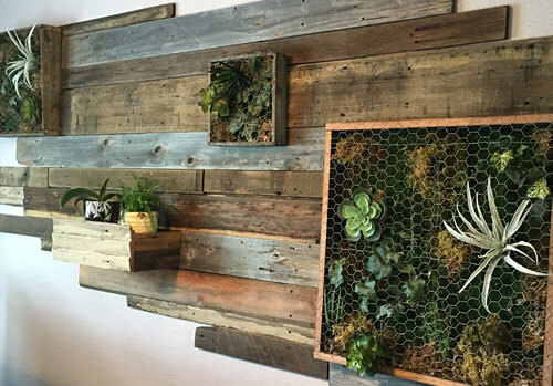 Vertical wall garden design for small office by Urban Garden Studio, Reclaimed wood living wall with succulent and airplant boxes Vertical wall garden, Living wall, reclaimed wood, moss, succulents, ferns, planters, custom logos, moss logo, office decor, indoor living wall art, best wall art for living room