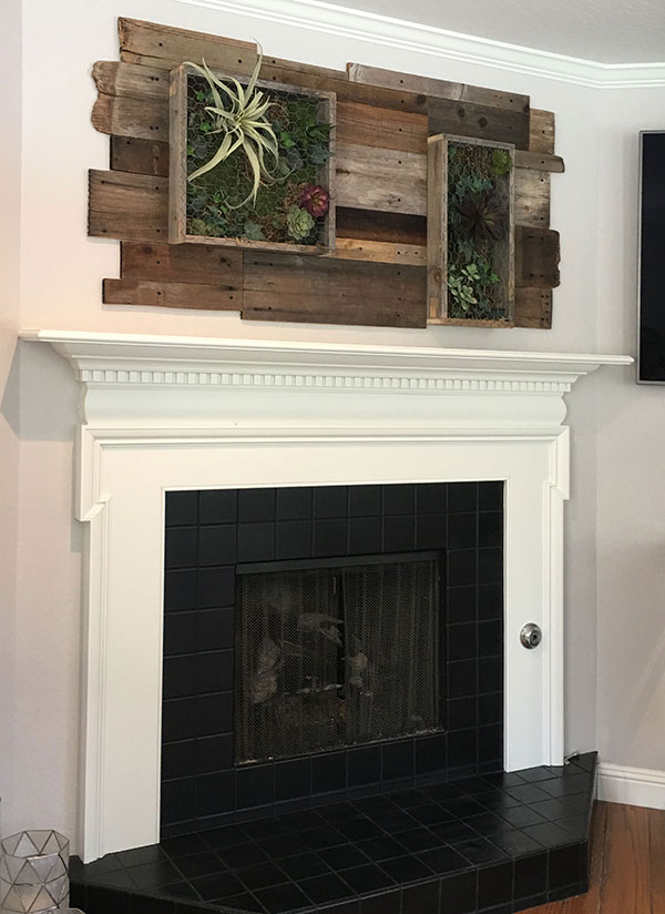 Beautiful vertical wall garden made from barnwood, succulents and moss by Urban Garden Studio Vertical wall garden, Living wall, reclaimed wood, moss, succulents, ferns, air plants, planters, custom logos, office design, interior design, logo in moss, monogramed letter, ferns, Living room design,moss logo