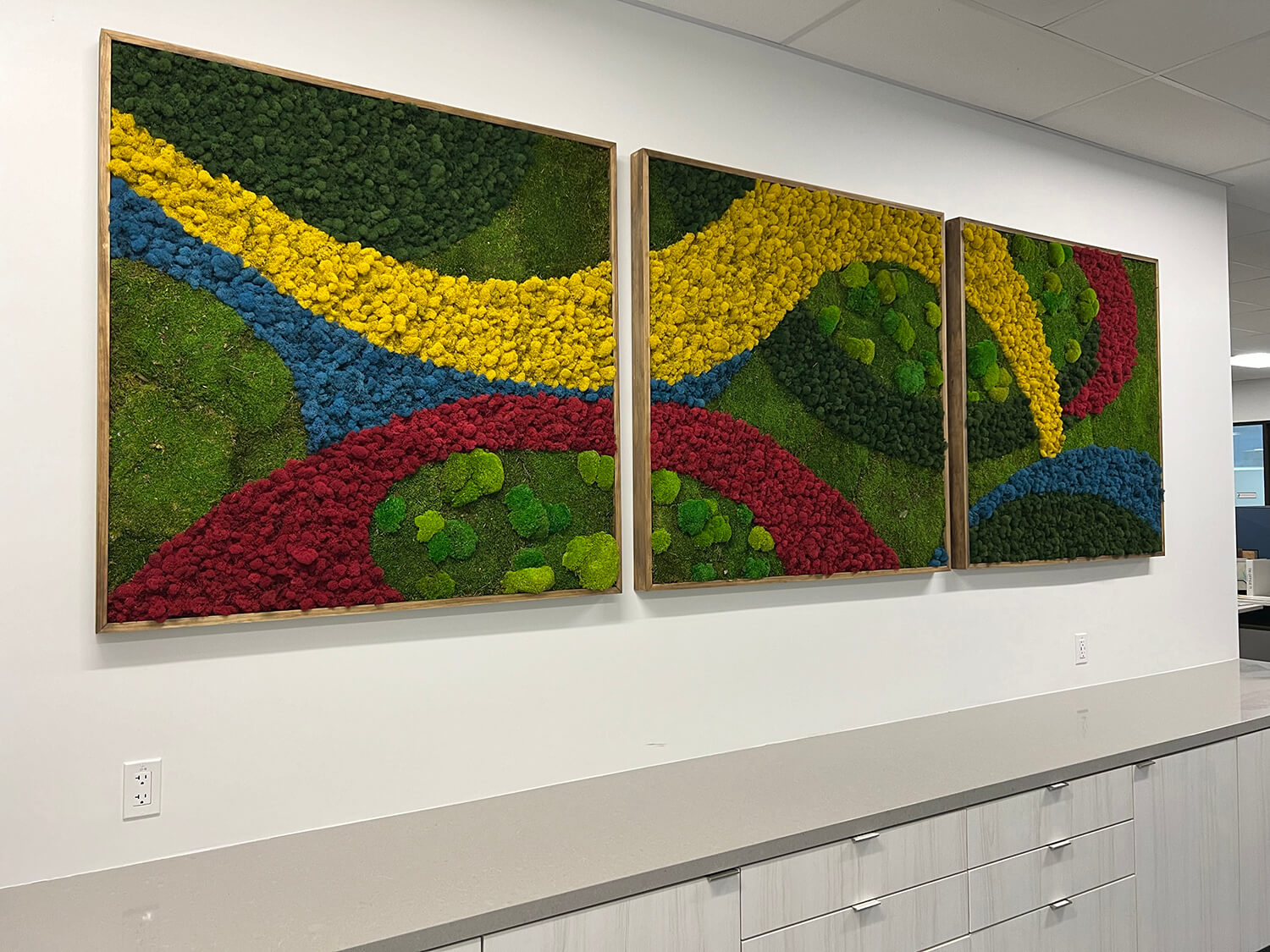 Modern vertical wall garden made from mixed mosses, sheet moss, reindeer moss, and cushion moss. Moss walls add a beautiful touch of nature and color to any interior space. These types of installations are popular because they require little maintenance and provide a visually stunning focal point.